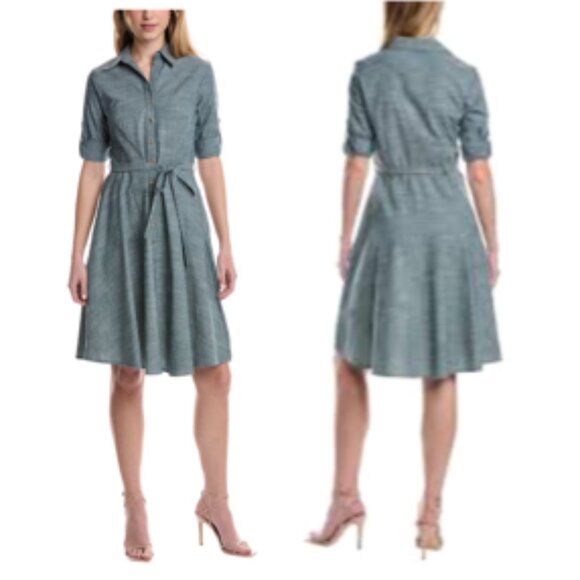 NWT- Sharagano Chambray Belted A Line Shirt Dress Size 12 - Picture 1 of 15
